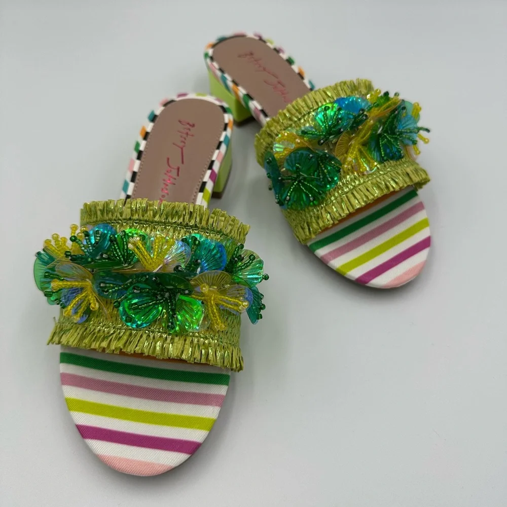 Betsey Johnson PEYTEN Beaded Butterfly Sandals 5.5M Striped Heels new in box